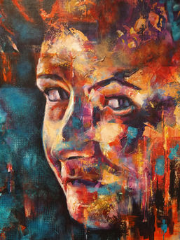 Section of Dare to Dream, a strong and vibrant acrylic portrait by Gillian Hancey Art, which depicts the strength and passion that lies within humans using expressive brushstrokes, an intricate underpainting, and contrasting marks and textures.