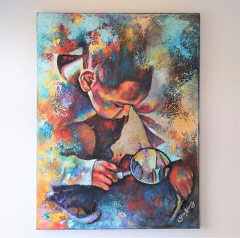 Colourful and nostalgic abstract realism acrylic painting, Keep Questioning by Gillian Hancey Art shows a child bent examining the forest floor with a magnifying glass
