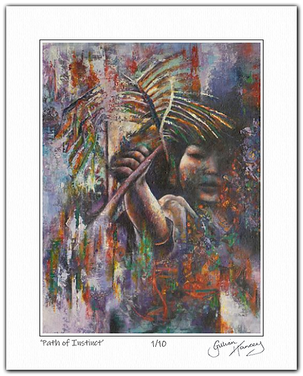 Print of Path of Instinct, a colourful acrylic painting by Gillian Hancey Art which shows a child peering through the trees