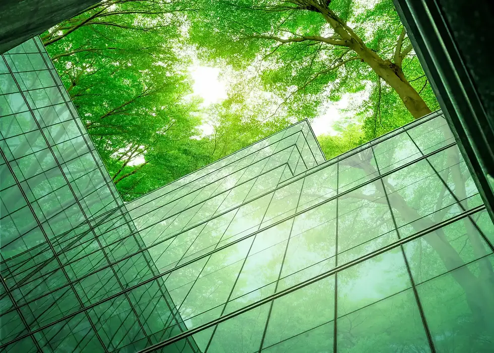 Glass buildings reflect a bright green tree canopy overhead, creating a serene urban nature scene.