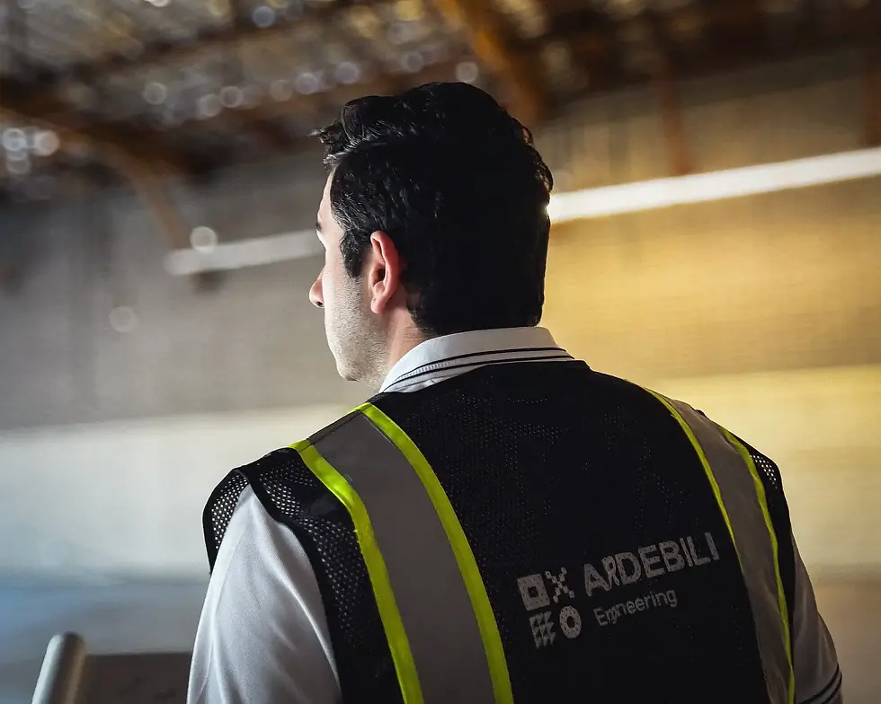 Back view of a man in a reflective vest inside an industrial building, with Ardebili Engineering text on the vest.
