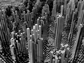 Abstract 3D building model visualization representing Building Information Modeling (BIM) and coordinated engineering design.