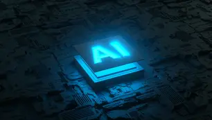 Glowing blue AI chip labeled AI on a dark circuit board, with a futuristic high-tech feel.