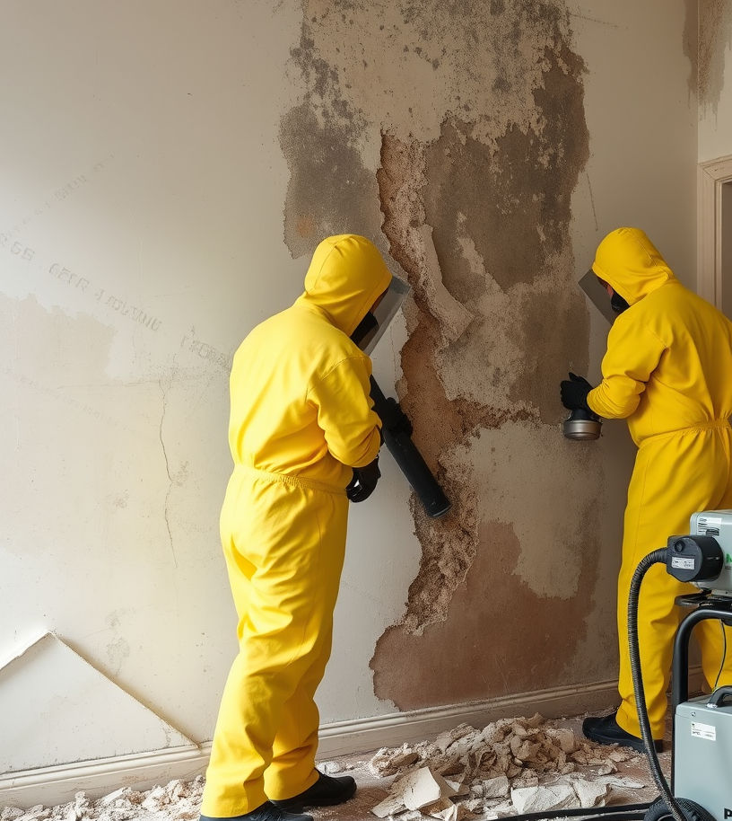 two men in hazmat suits Demolishing old moldy wall with air testing equipment nearby.jpg