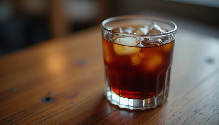 Close-up view of a glass of Shipora cold brew coffee with ice cubes