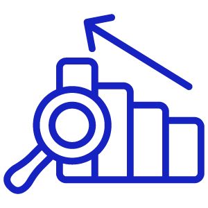 Blue bar chart icon with upward arrow and magnifying glass
