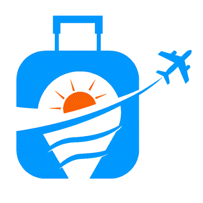 Blue suitcase logo with a sun, waves, and an airplane.