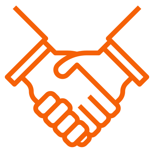 Orange outline icon of two hands shaking for business partnership