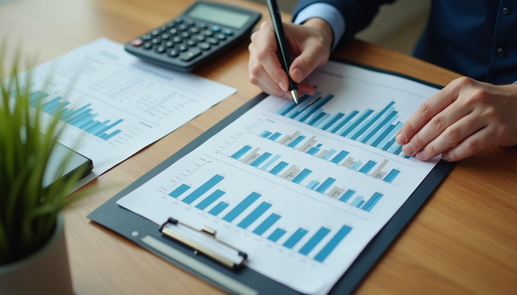 High angle view of a business owner reviewing financial statements with a calculator