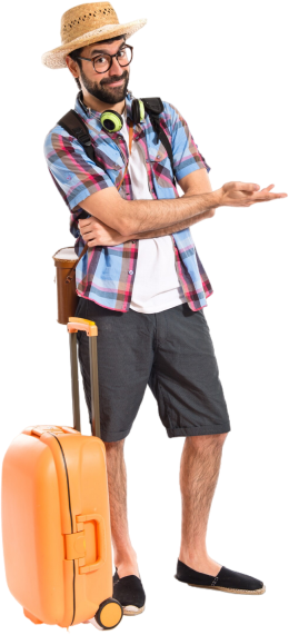 Man in travel gear with suitcase gesturing left