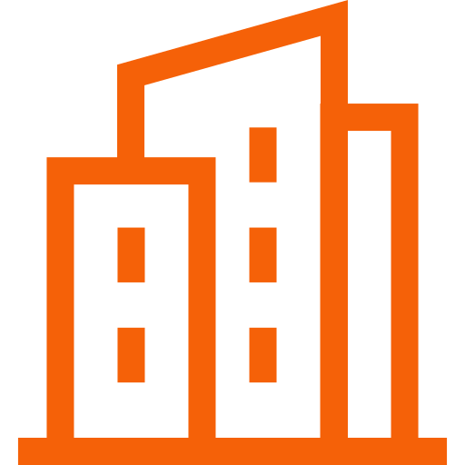Orange outline icon representing city buildings and office towers