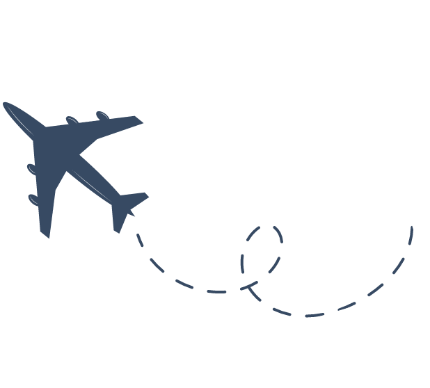 Airplane icon with a dashed flight path loop on black background