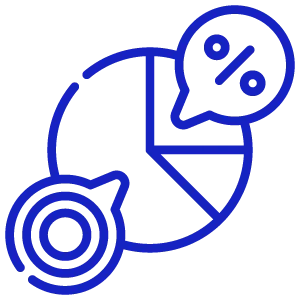 Blue outline icon of a pie chart, target, and percentage.