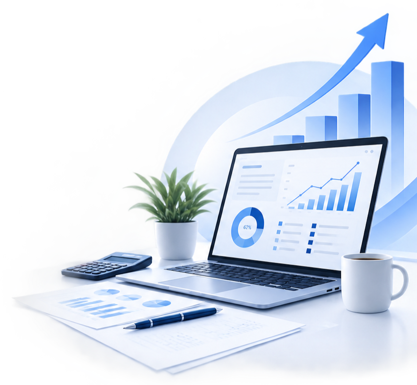 Laptop displaying growth charts on a desk with reports.