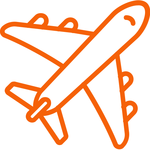 Orange outline icon of an airplane for flight services