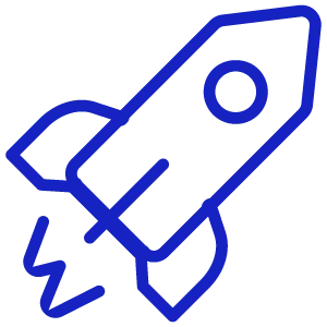 Blue rocket ship icon launching upwards