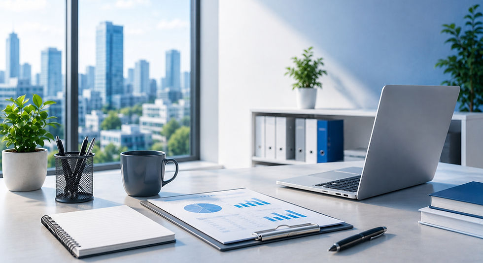 Modern office desk with laptop and city skyline view