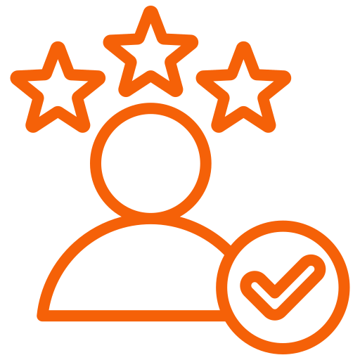 Orange outline of a person with three stars and a checkmark