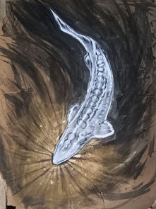 Tableau peinture acrylique encre poisson esturgeon Violette par Willène Pilate, artiste animaliste
