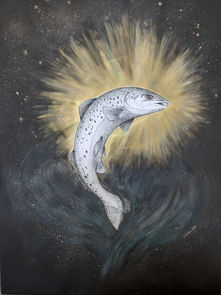 Tableau peinture acrylique poisson saumon Ada par Willène Pilate, artiste animaliste