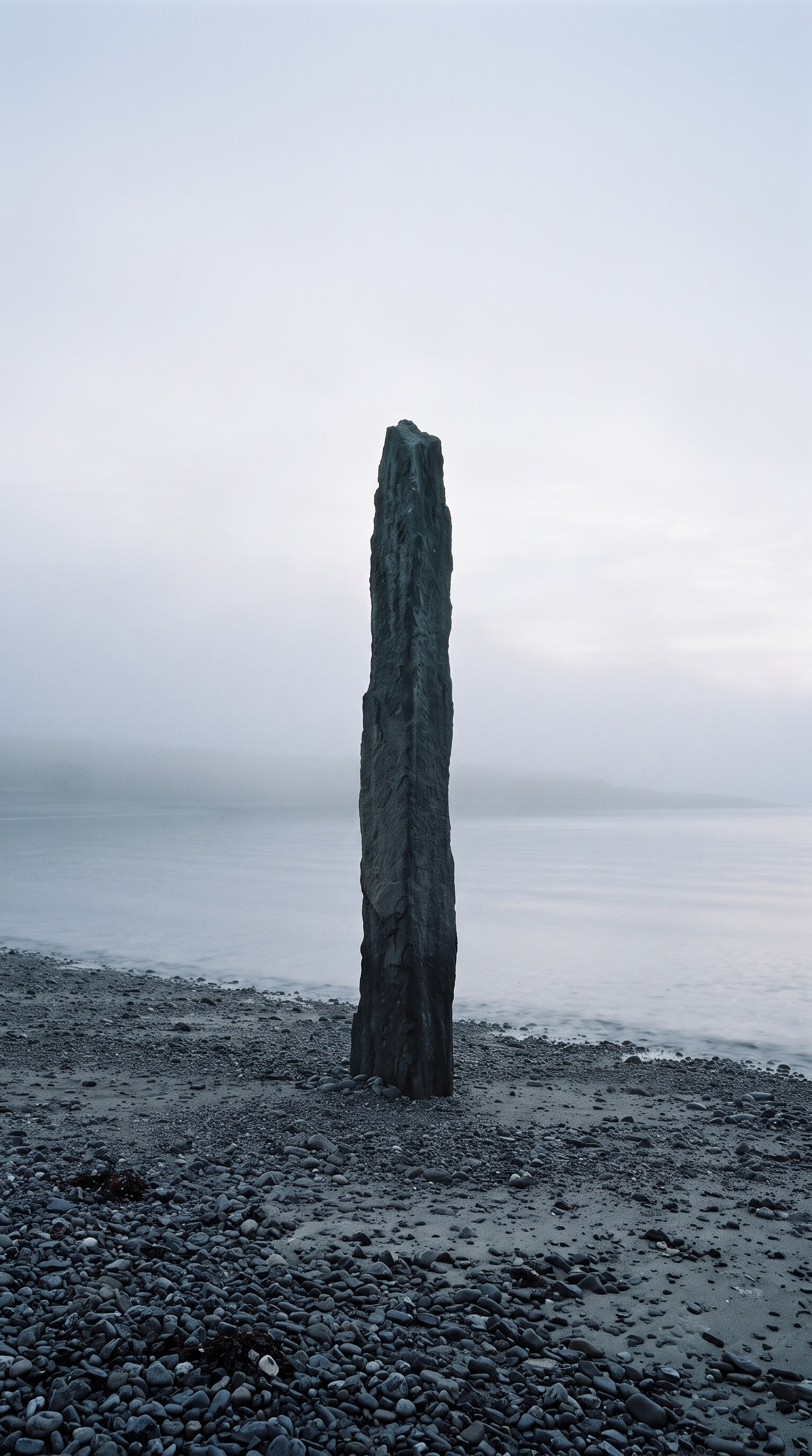 A timeless brand archetype monolith standing as a serene, unyielding peak within a boundless and tranquil void.