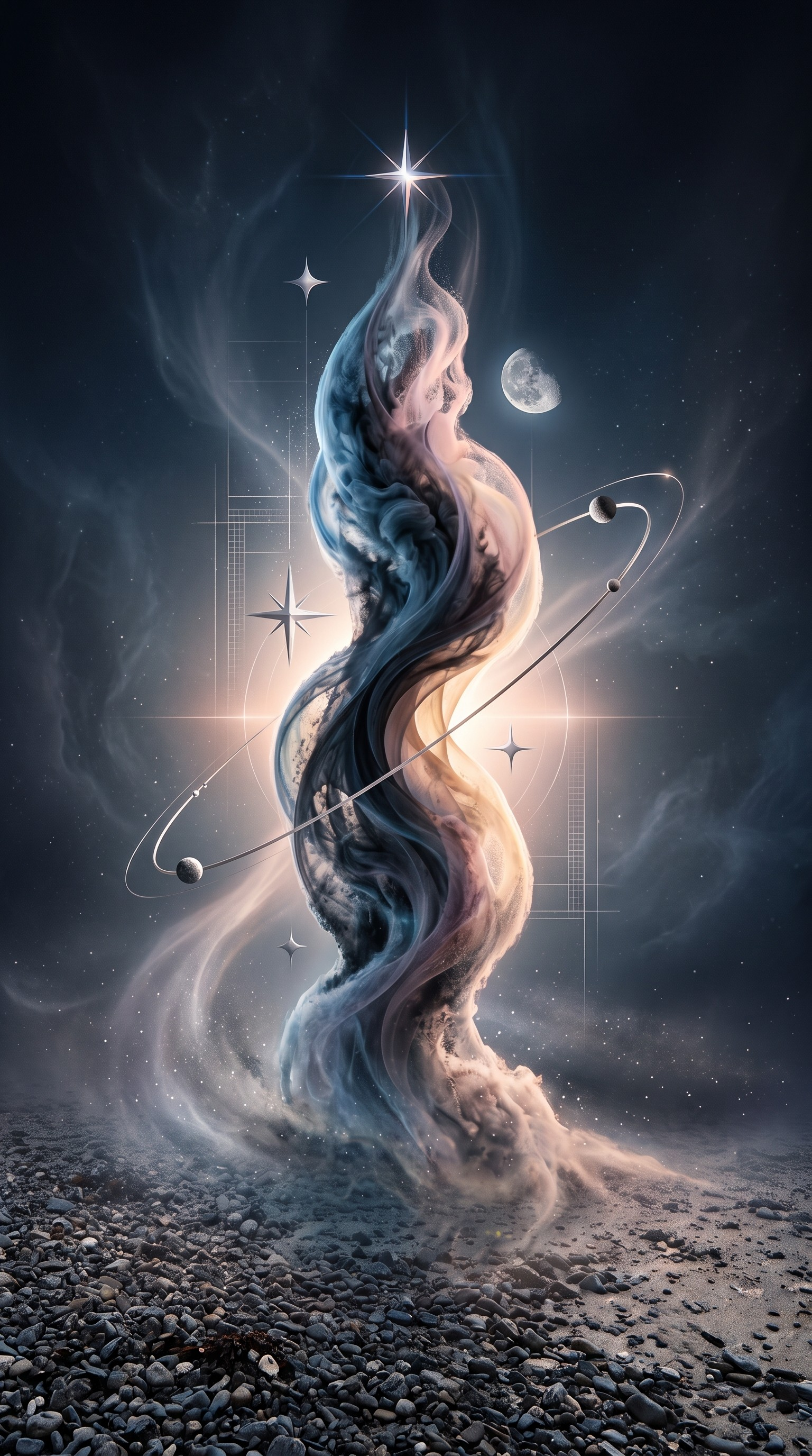 Graphic composition of ethereal lines illustrating harmonic balance, fluid movement, and organic form through digital artistry.