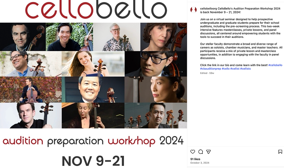 Instagram post for CelloBello that we designed. This is an ad for their 2024 Audition Preparation Workshop