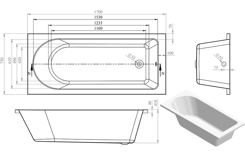 Thumbnail: Blaeu 84 Round Single Ended 1700x700x550mm 0TH Bath w/Legs