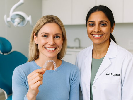 “An adult patient smiling confidently while holding clear aligners beside a friendly female dentist in a bright, modern Elk Grove dental office, showing trust and positive orthodontic results.”