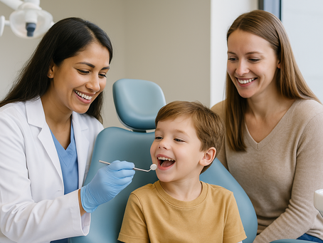 “Friendly female dentist examining a young child in a modern Elk Grove dental office while the child’s parent smiles nearby, showing a caring and family-friendly dental visit.”