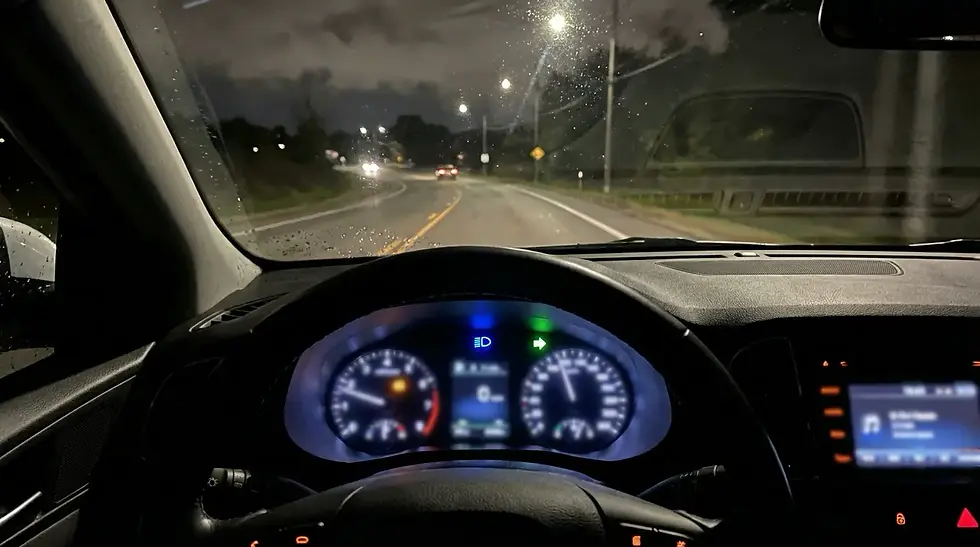 Car dashboard at night showing high beam and indicator lights active
