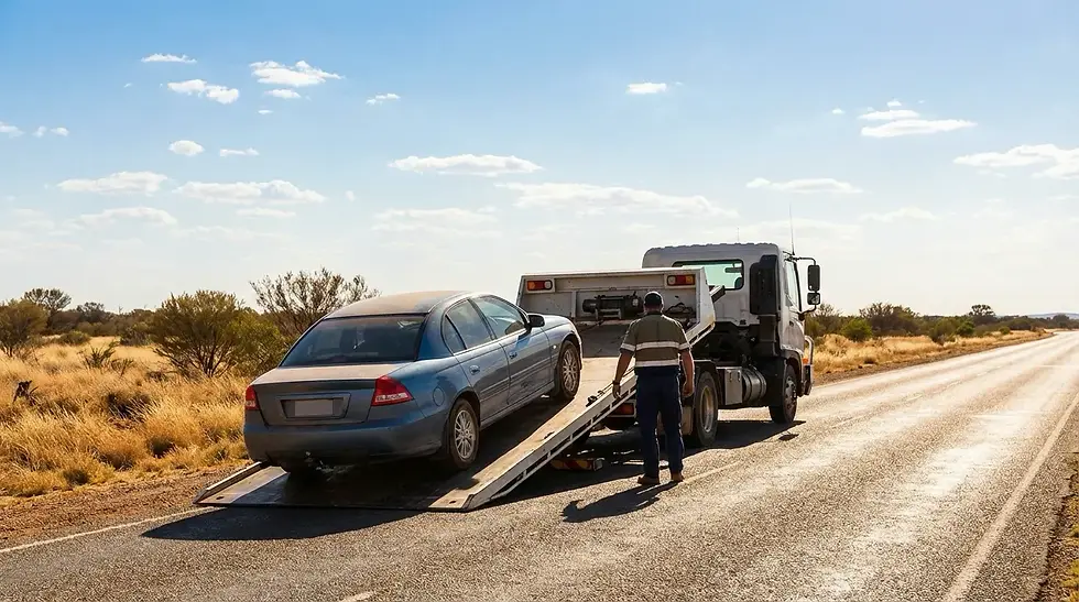 Tow truck loading car on hot summer day in rural Australian landscape