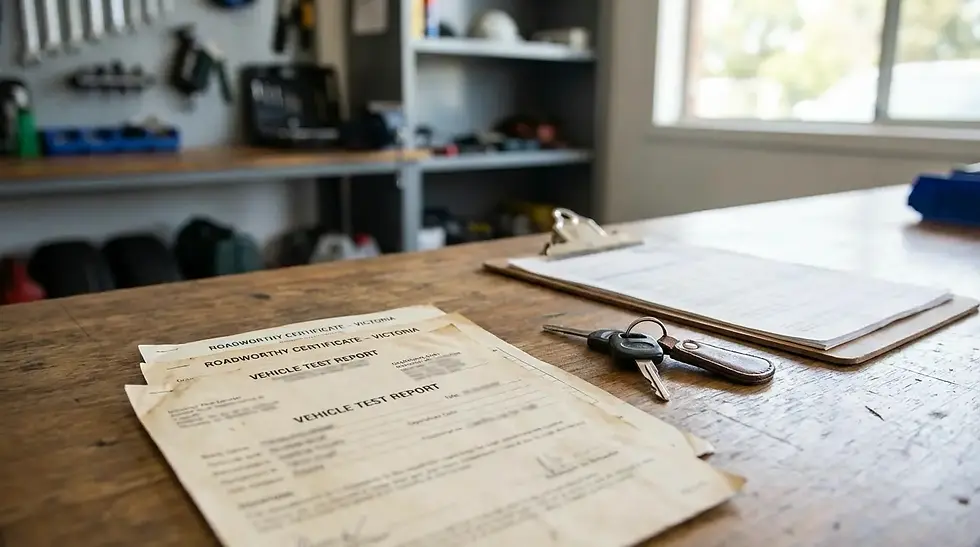 Roadworthy certificate documentation at a licensed vehicle tester