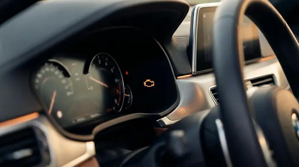 Orange check engine warning light illuminated on car dashboard