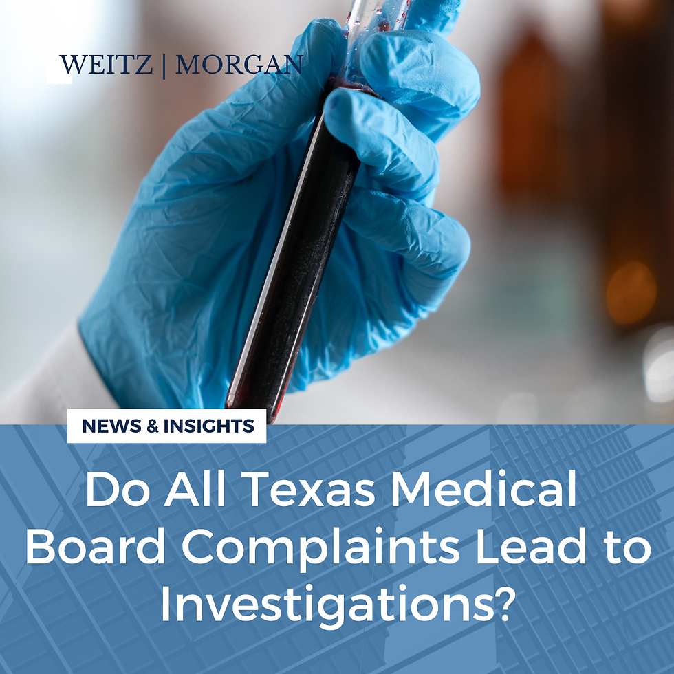 A picture of a gloved hand holding a syringe with the words do all texas medical board complaints lead to investigations underneath.