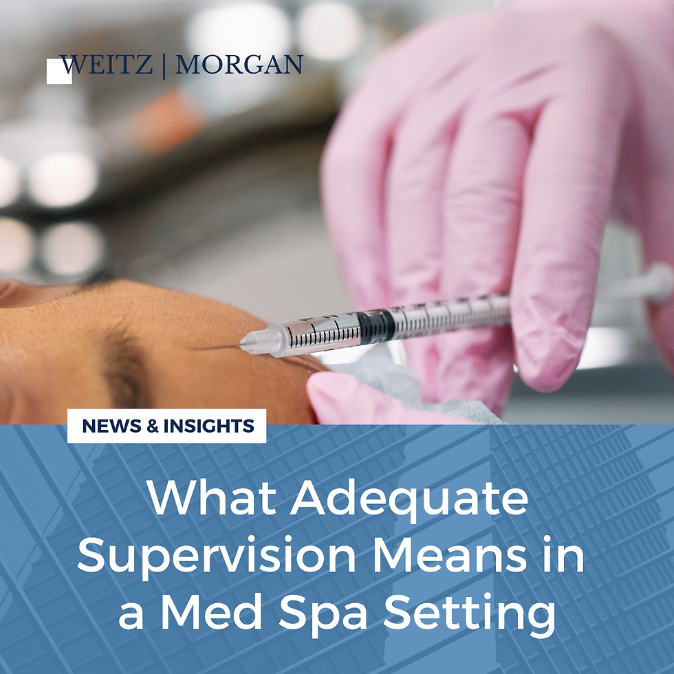 A picture of hands in pink medical gloves administering botox with the words what adequate supervision means in a med spa setting underneath.