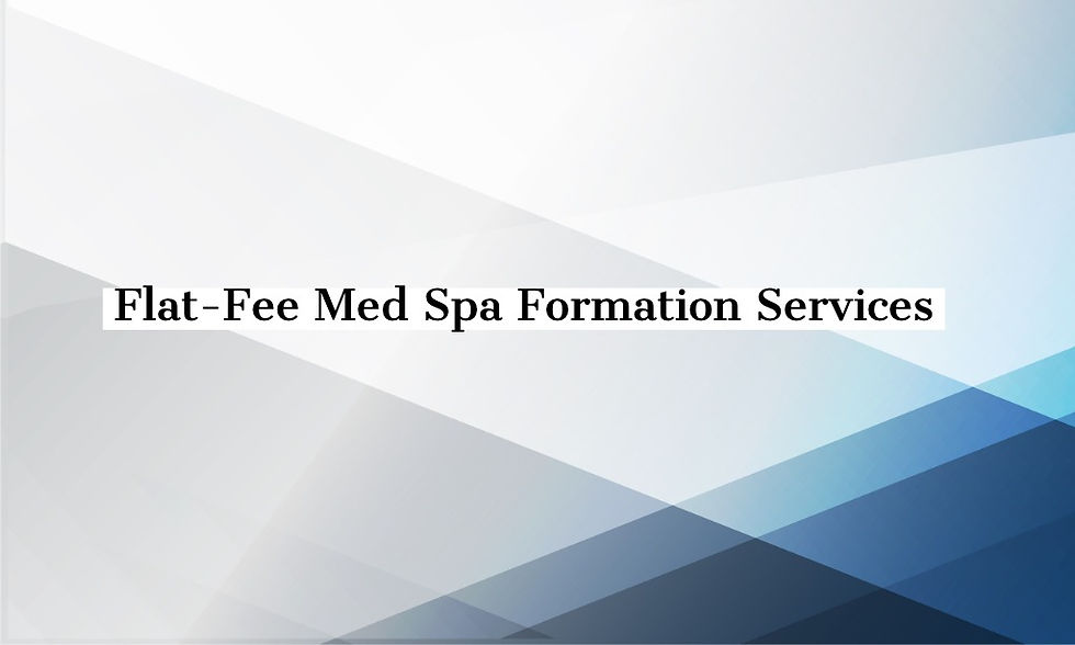 Blue and white abstract picture with the words flat-fee med spa formation services in the middle.