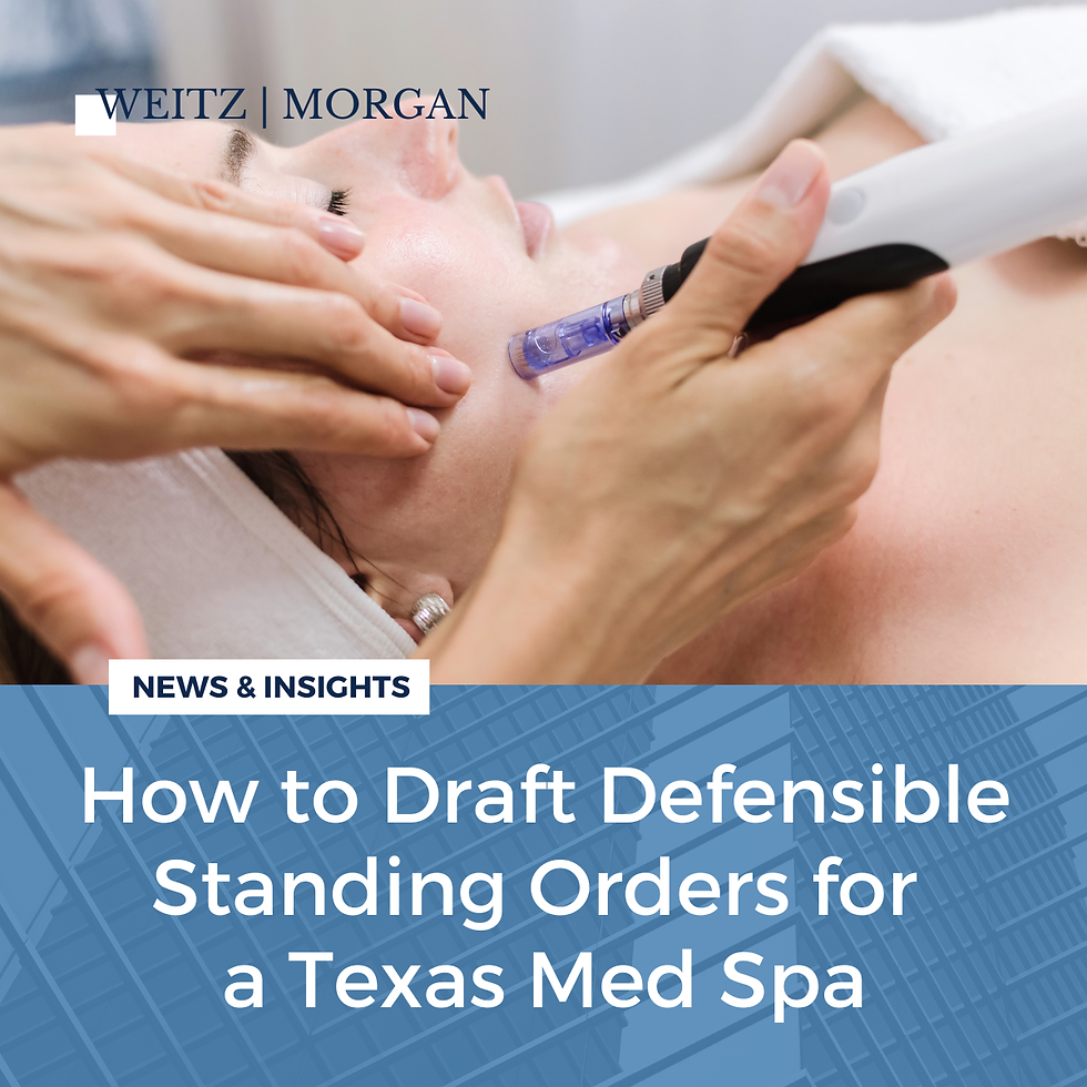 A picture of a woman laying down receiving an injection in her cheek with the words how to draft defensible standing orders for a texas med spa underneath.