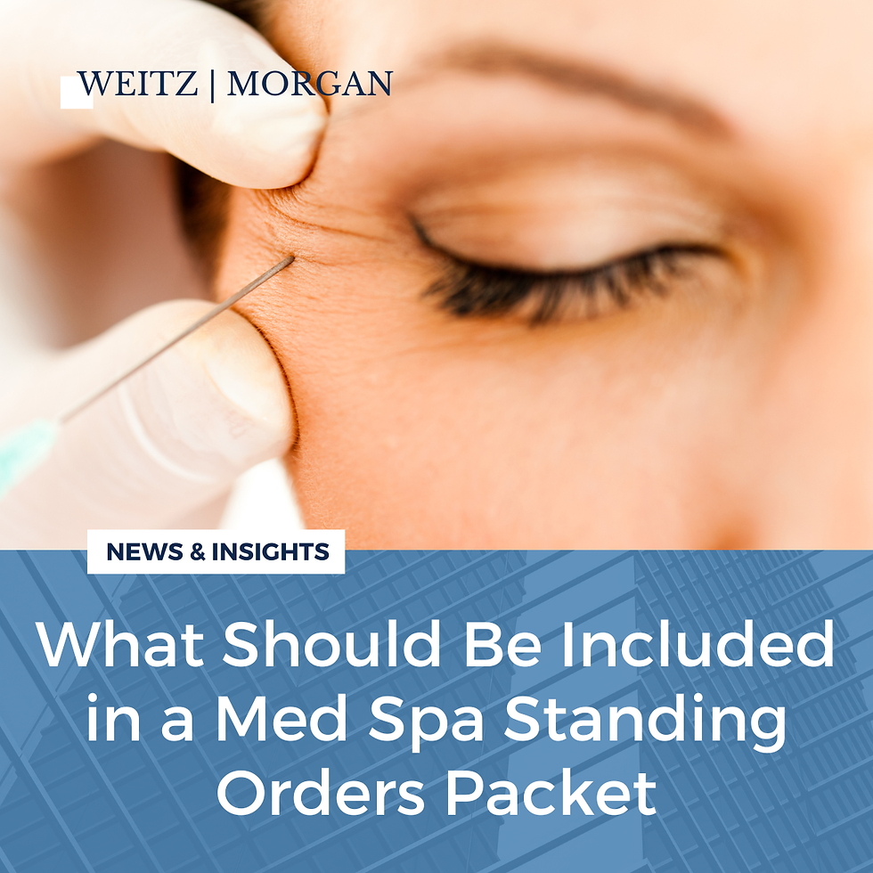 A picture of a woman receiving botox injection near her eye with the words what should be included in a med spa standing orders packet underneath.