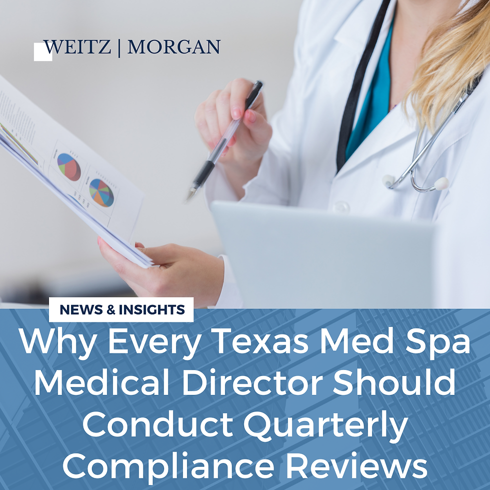 A picture of a doctor reviewing compliance material with the words why every texas medical director should conduct quarterly compliance reviews underneath.