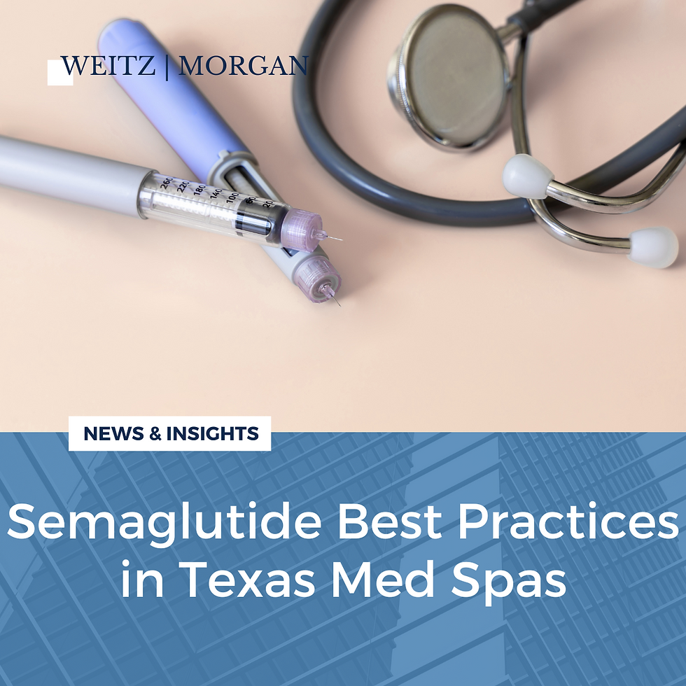 A picture of a semaglutide syringe with the words semaglutide best practices in Texas med spas below.