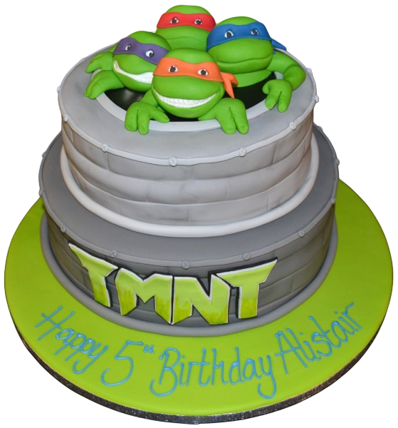 Bespoke Teenage Mutant Ninja Turtles duo cake with vibrant green and orange colors, crafted in Solihull, West Midlands.