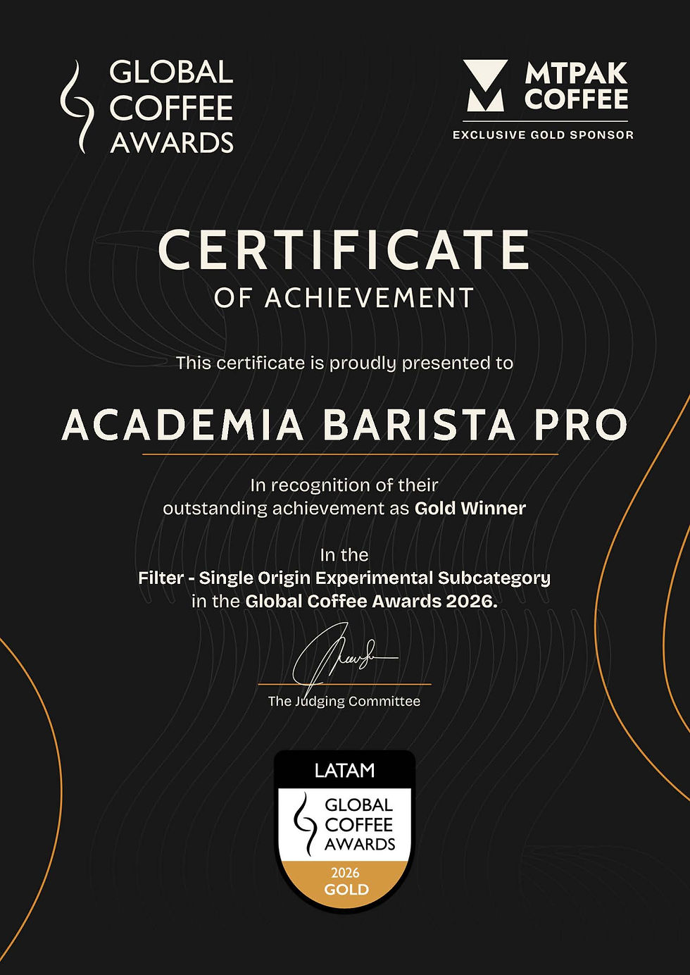 Diploma de Global Coffee Awards ORO Cafetoria Filtrado, Subcategoria Experimental origen unico.