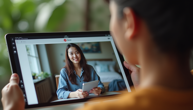 Close-up of a tablet showing an online English lesson with a student in Bali