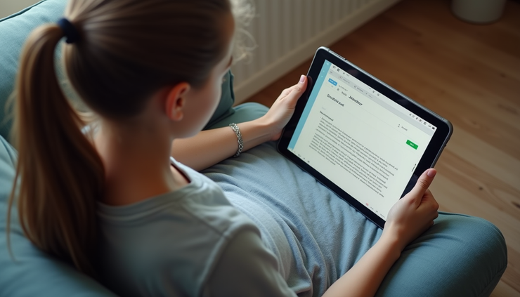 High angle view of a student studying English on a tablet at home