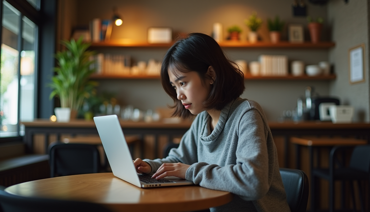 High angle view of a student studying English on a laptop in a Bandung cafe