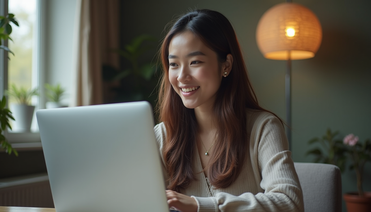 Eye-level view of a young Indonesian professional preparing for an online interview at home