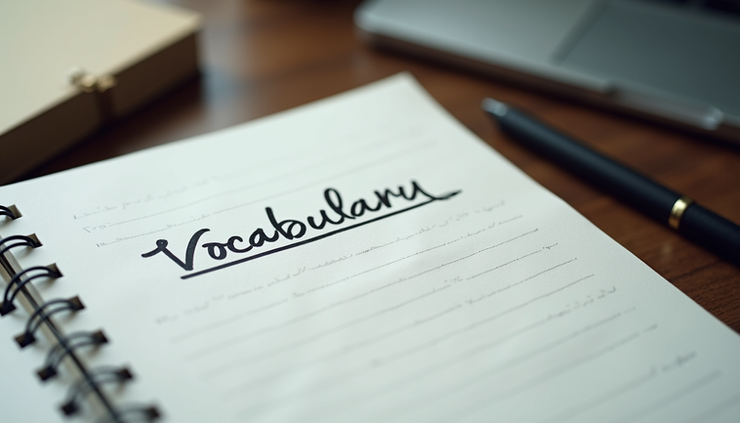 Close-up view of a notebook with English vocabulary notes and a pen on a desk