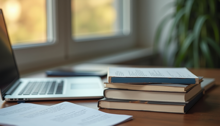 Close-up of English language learning materials and a laptop on a desk