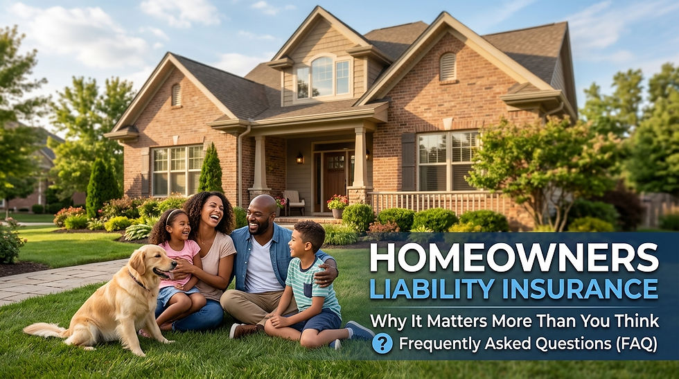 Smiling family and dog sit on lawn before brick house; text reads Homeowners Liability Insurance and FAQ.